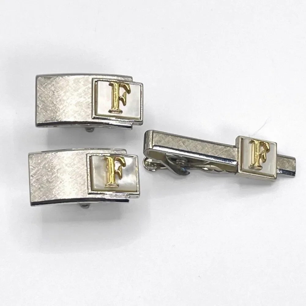 Vintage Swank F Monogram Mother of Pearl Cufflinks Tie Clip Set 2 Tone Initial